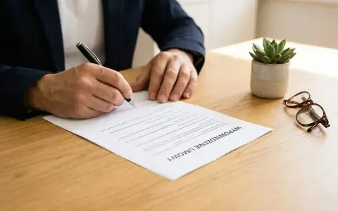 Mężczyzna w garniturze podpisuje dokument "Wypowiedzenie umowy o pracę przez pracodawcę". Obok leżą okulary i roślina.