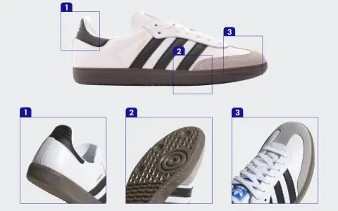 Białe buty Adidas Samba z czarnymi paskami i szarym zamszowym noskiem. Widoczna oryginalna metka Adidas na języku.