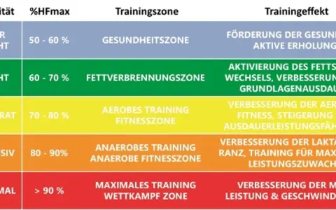Tabelle zeigt Trainingszonen basierend auf %HFmax. Maximale Herzfrequenz über 90% für Wettkampfzone, verbessert Leistung & Geschwindigkeit.