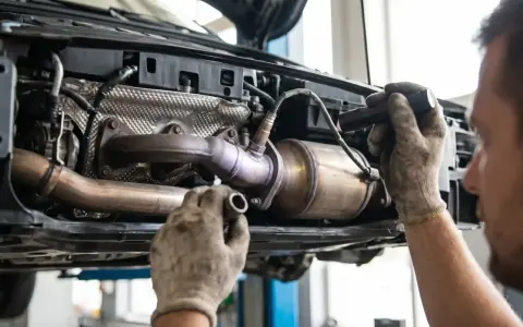 Mechanik sprawdza katalizator Nissana, podejrzewając błąd DTC P0420.