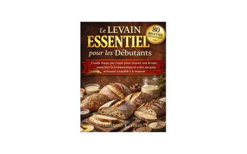Couverture du livre "Le Levain Essentiel pour les Débutants" avec 80 recettes. Des pains au levain artisanaux sont présentés, prêts à être dégustés.