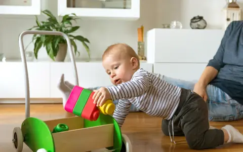 8 miesięczne dziecko raczkuje i bawi się kolorowymi klockami w wózku-pchaczu.