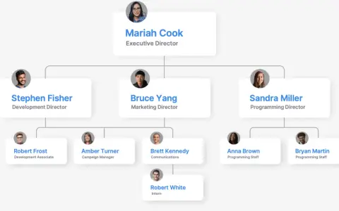 Organizational chart showing the small non profit organization structure titles: Executive Director, Development Director, Marketing Director, Programming Director, and their staff.