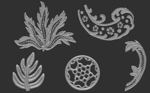 Un delicado encaje dibujo con motivos florales y de hojas, como si fueran bordados en relieve sobre un fondo oscuro.