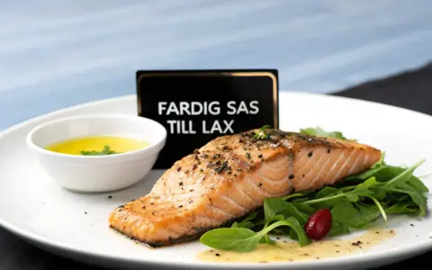 En perfekt tillagad laxfilé serveras med en skål med gul sås till lax, gröna blad och en röd bär.