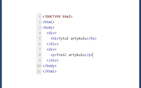 Fragment kodu br html z podstawową strukturą strony: nagłówek h1 i akapit p wewnątrz div.