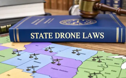 A book titled "State Drone Laws" sits on a map of the US, with miniature drones placed on various states, symbolizing drone regulations across the country, including Iowa.