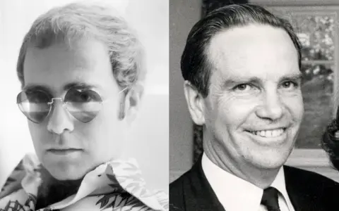 Links: junger Elton John mit Herzbrille. Rechts: Reginald Dwight, Elton Johns echter Name, in Anzug.