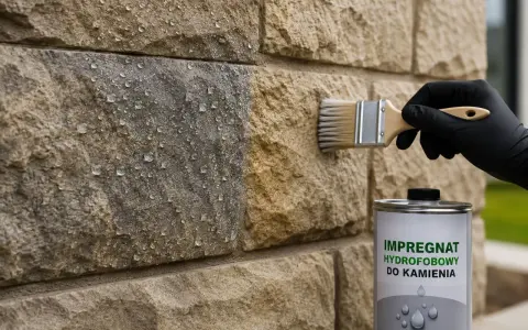 Pędzel z impregnatem hydrofobowym do kamienia nakładany na kamienną ścianę z kroplami wody.
