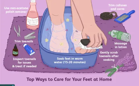 Illustration shows a home pedicure: feet soaking in a blue basin with flowers, nail clippers, polish remover, pumice stone, and lotion.