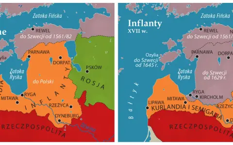 Mapy pokazują, gdzie leżą Inflanty: po 1561 r. i w XVII w. Widoczne są podziały terytorialne między Szwecją, Polską i Rosją.