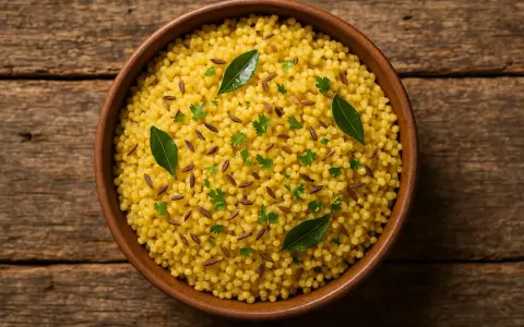 Eine Schüssel voller goldener Hirse, garniert mit Kümmelsamen und frischer Petersilie. Ein gesundes Abendessen, das Energie für den nächsten Tag gibt.
