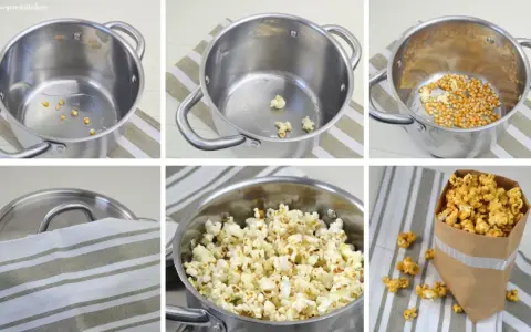 Schritt-für-Schritt-Anleitung, wie man Popcorn selber machen kann: Maiskörner in Öl erhitzen, bis sie aufplatzen. Fertiges Popcorn in einer Tüte.