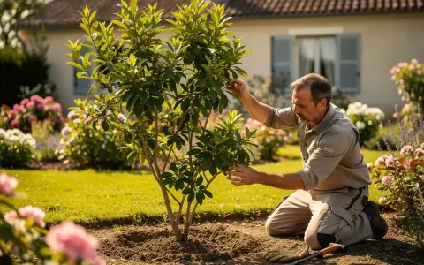 Un jardinier examine son lilas des Indes qui ne fleurit pas, espérant comprendre pourquoi.