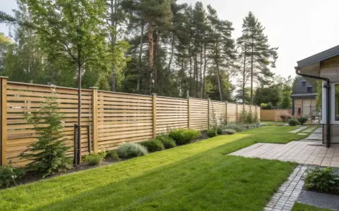 En vacker trädgård med en modern träribbstaket som ramar in gräsmattan och buskar.