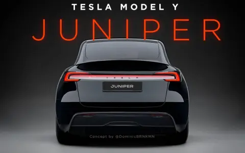 Tył czarnego Tesli Model Y Juniper z zapalonymi światłami.