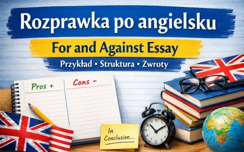 Nauka pisania rozprawki po angielsku: przykłady, struktura i zwroty. Notatnik z podziałem na plusy i minusy, flagi UK i USA, książki, budzik i globus.