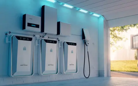 Flera batterier för energilagring på en vägg, en laddstation för elbil och en solcells-inverter. En modern lösning för hur man kan lagra energi.