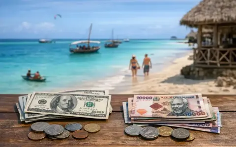 Dolar i szylingi tanzańskie na stole, w tle rajska plaża z łodziami i parą spacerującą po wodzie. Waluta na Zanzibarze.