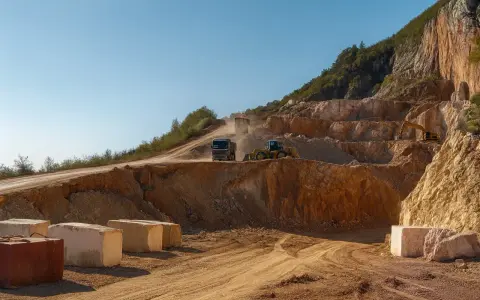 Kamieniołom, gdzie widać ciężki sprzęt i ciężarówki, pokazuje, z czego powstaje marmur.