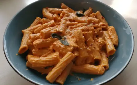 En skål med krämig vodka pasta, toppad med chili flakes och färska örter. Enkel men lyxig middag.