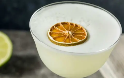 En krämig gin sour med ett skumtäcke och en torkad lime som dekoration.
