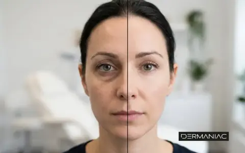 Comparativa antes y después de un relleno de ojeras. La imagen muestra el lado izquierdo con ojeras marcadas y el derecho con la piel visiblemente más lisa y luminosa.