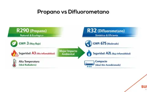 Comparativa de refrigerantes: R290 (Propano) natural y ecológico con GWP bajo, frente a R32. El refrigerante R290 es ideal para radiadores.