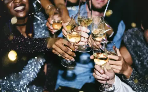 Radosna impreza, ludzie wznoszą kieliszki z szampanem. Po spożyciu alkoholu, pobranie krwi może dać inne wyniki.