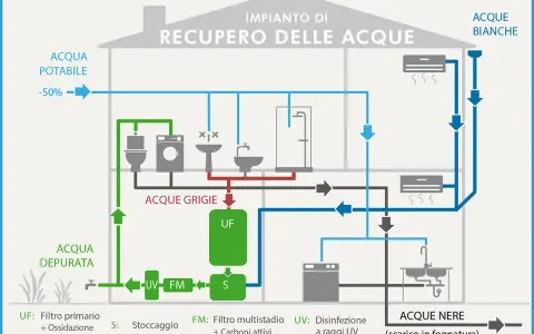 Schema di un impianto idraulico per il recupero delle acque grigie e bianche, con filtri e disinfezione UV.