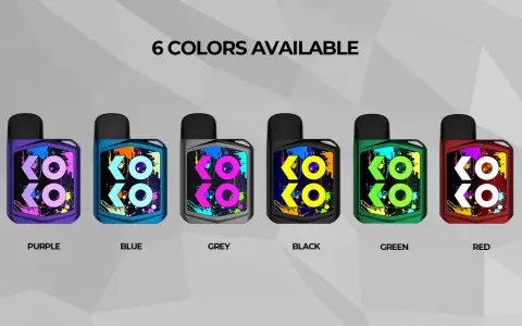 Seis colores vibrantes de Caliburn Koko, cada uno con un diseño de salpicaduras de pintura y el logo KOKO.