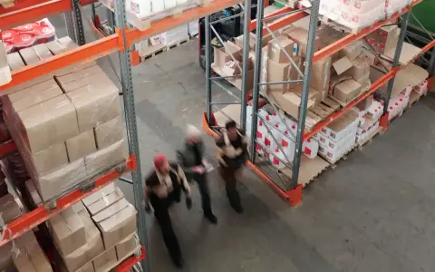 Magazzino con scaffalature piene di scatoloni e taniche. Tre persone camminano velocemente, forse per svolgere mansioni di aiuto magazziniere.