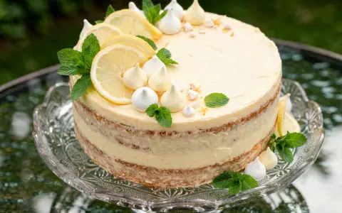 Cytrynowy tort z kremem lemon curd, udekorowany plasterkami cytryny, bezą i miętą.