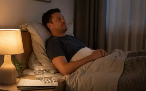 Mężczyzna leży w łóżku, zastanawiając się, jak spać po operacji żylaków. Na stoliku nocnym woda i leki.