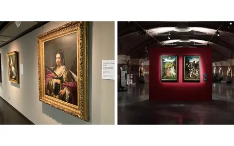 Portrait de femme, peut-être Flore, par Le Titien, dans une galerie d'art. Deux autres tableaux sont visibles à gauche.