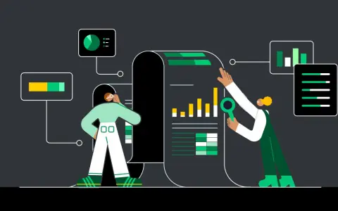 Dos personas analizan gráficos y datos en una gran ficha técnica, una con lupa, la otra pensativa.