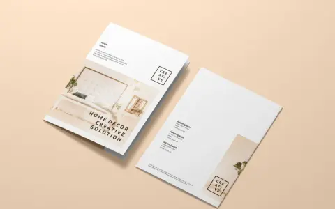 Elegancki folder reklamowy wzór z inspirującym wnętrzem i tekstem "HOME DECOR CREATIVE SOLUTION".