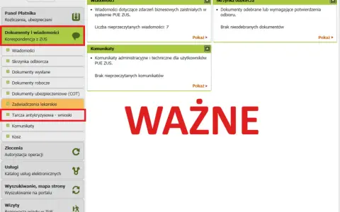 Panel Płatnika, zakładka "Dokumenty i wiadomości", sekcja "Tarcza antykryzysowa - wnioski". Możliwość złożenia wniosku o zwolnienie z ZUS.