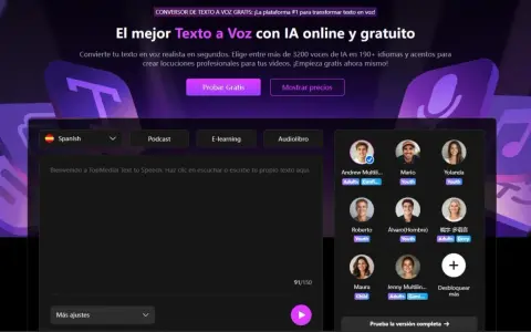 Interfaz de texto a voz con opciones de idioma y género. Elige tu narrador ideal entre varias voces disponibles.