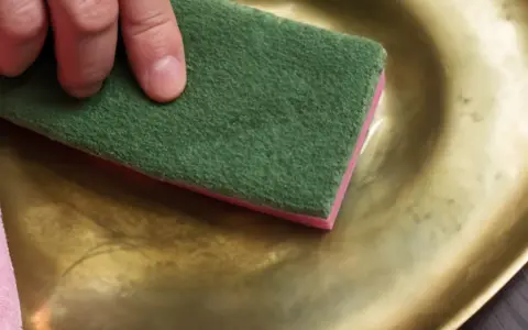 Mano che pulisce un piatto d'ottone con una spugna verde. Scopri come pulire l'ottone fai da te per farlo brillare.
