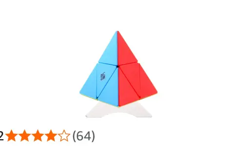 En blå och röd rubiks kub triangel står på ett vitt stativ.