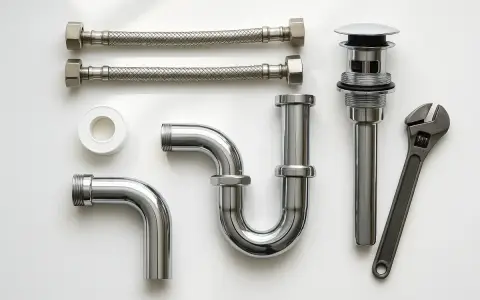 Ensemble de plomberie chromé : tuyaux flexibles, siphon, bonde et clé. Prêt pour un raccord SMS parfait.