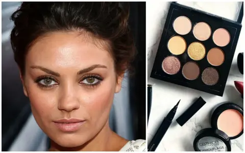 Makijaż do zielonych oczu: brązowe i złote cienie podkreślają tęczówki. Paleta z dziewięcioma kolorami, eyeliner i róż.