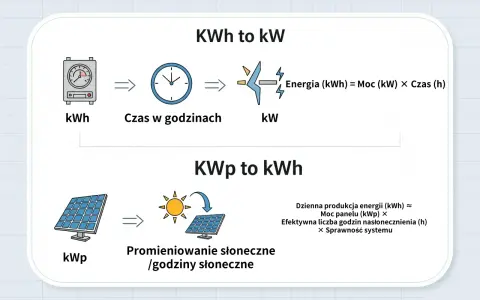 Wyjaśnienie: kwp co to. Schemat pokazuje, jak moc panelu (kWp) w połączeniu z godzinami słonecznymi daje dzienną produkcję energii (kWh).