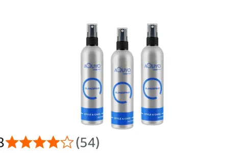 Drei Flaschen AQUYO Glanzspray für Haare, die für strahlenden Glanz und Pflege sorgen.