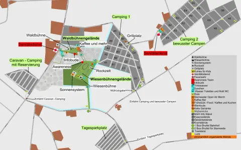 Plan des Stemweder Open Air mit Campingplätzen, Bühnen, Verpflegung und Services.