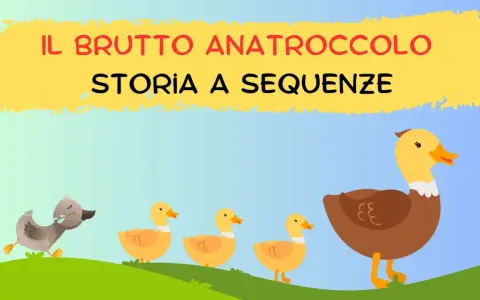 Il brutto anatroccolo: immagini per raccontare una storia. Un anatroccolo grigio corre verso una famiglia di anatre gialle.