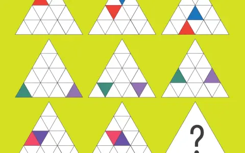 Wzory kolorowych trójkątów w siatce. Rozwiąż zagadkę, by znaleźć brakujący element. Idealne do badań psychotechnicznych testy odpowiedzi.