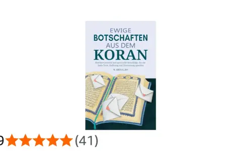 Buchcover "Ewige Botschaften aus dem Koran" mit geöffnetem Koran und Briefumschlägen, die schöne Verse aus dem Koran enthalten.