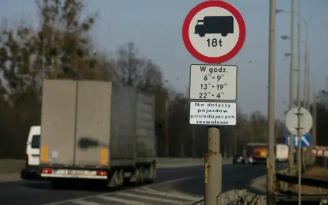 Znak zakazu ruchu dla ciężarówek powyżej 18t w określonych godzinach. Czy ciężarówki mogą jeździć w niedzielę? Ten znak odpowiada.